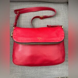 Fossil Preston Flap Crossbody Bag in a rich red hue genuine leather